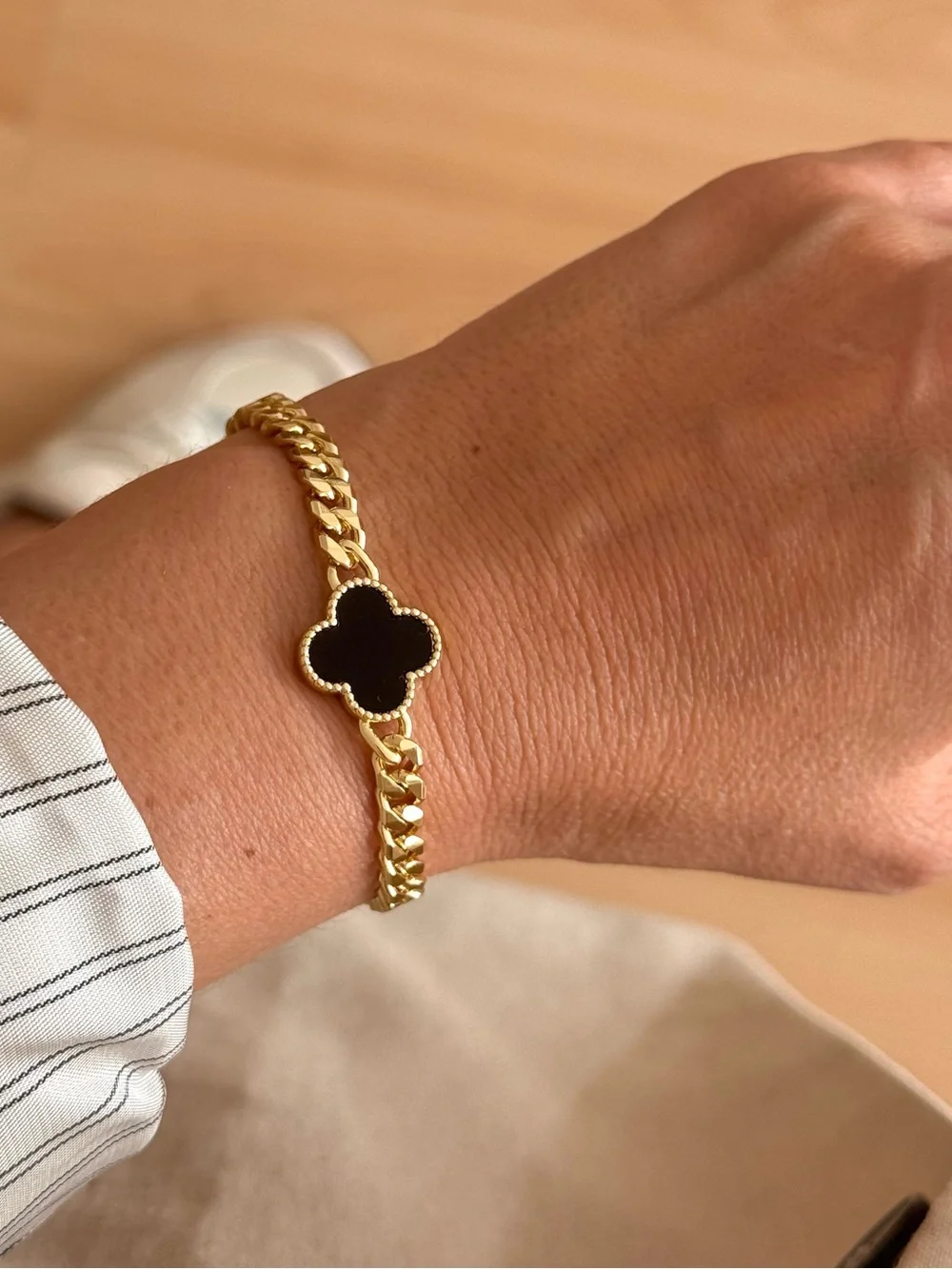 14K Gold Plated Black Clover Bracelet with Zirconia Adjustable Rhodium Plated